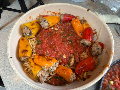 Sausage Stuffed Peppers with Pasta & Sausage Gravy