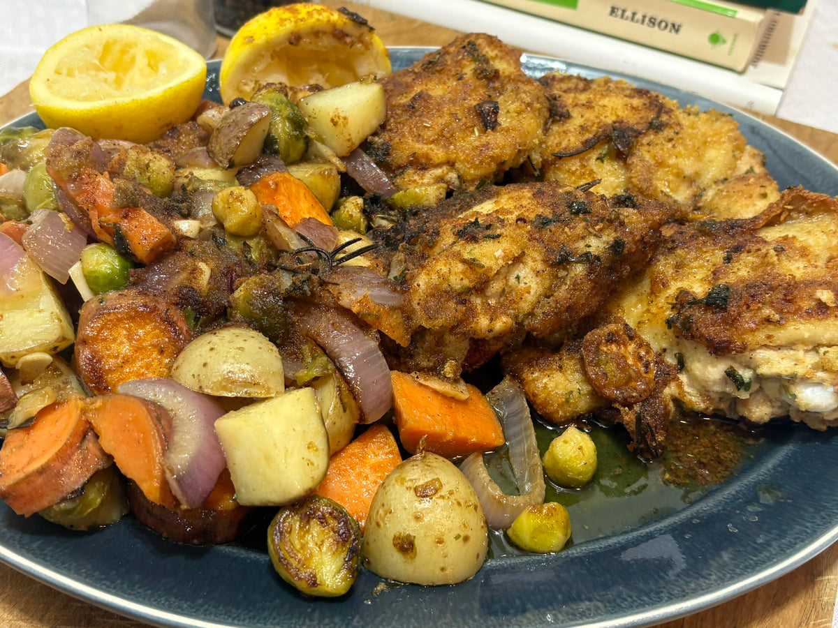 Lemon Breaded Chicken Thighs with Roasted Vegetables