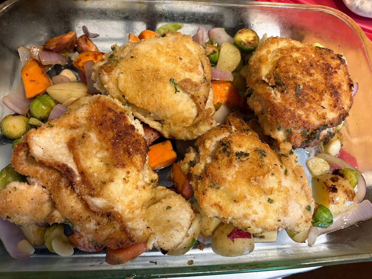 Lemon Breaded Chicken Thighs with Roasted Vegetables