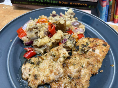 Lemon Pork Medallions with Pepper & Onion Mashed Potatoes